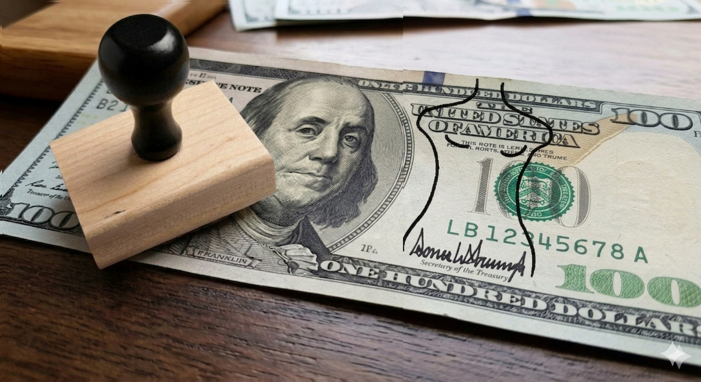 Wooden rubber stamp with silhouette on a hundred dollar bill